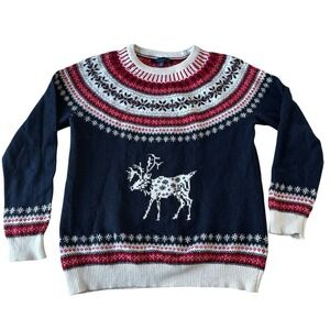 Tommy Hilfiger Wool Sweater Womens Medium M Navy Reindeer Crewneck Knit Nordic